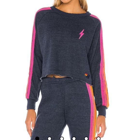 Aviator Nation Bolt Cropped Classic Crewneck in Heather Navy - Picture 2 of 6